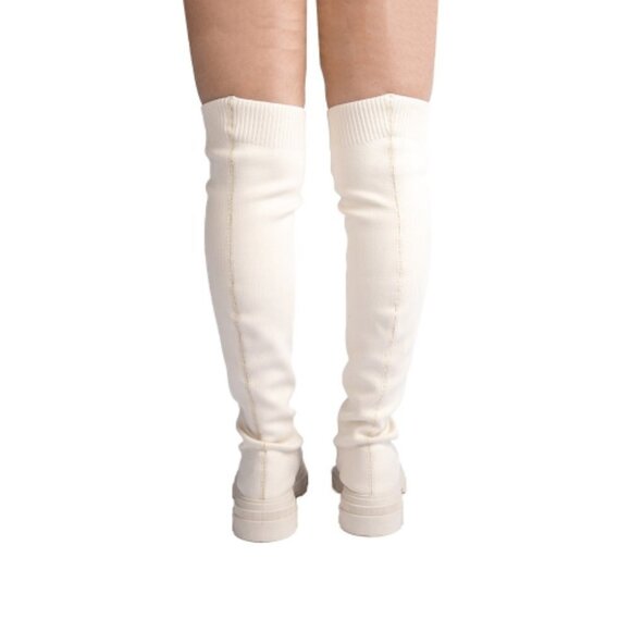 WOMEN FLY KNIT THIGH HIGH TALL LUG SOLE SOCK BOOTS Off White - Picture 3 of 3